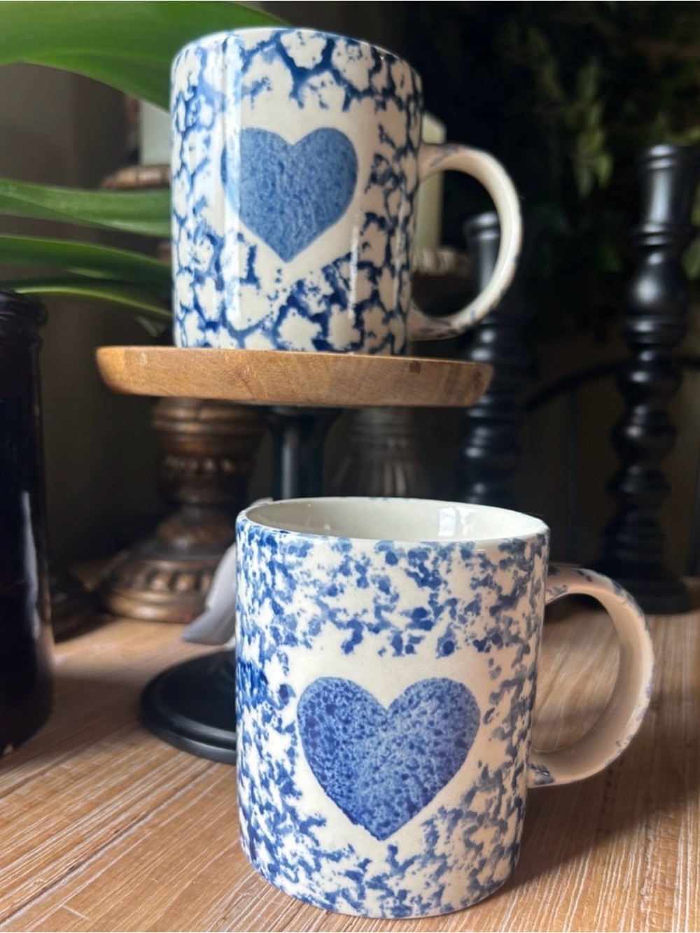 Vintage Gibson Blue Spongeware Heart Stoneware Mug Set of 2